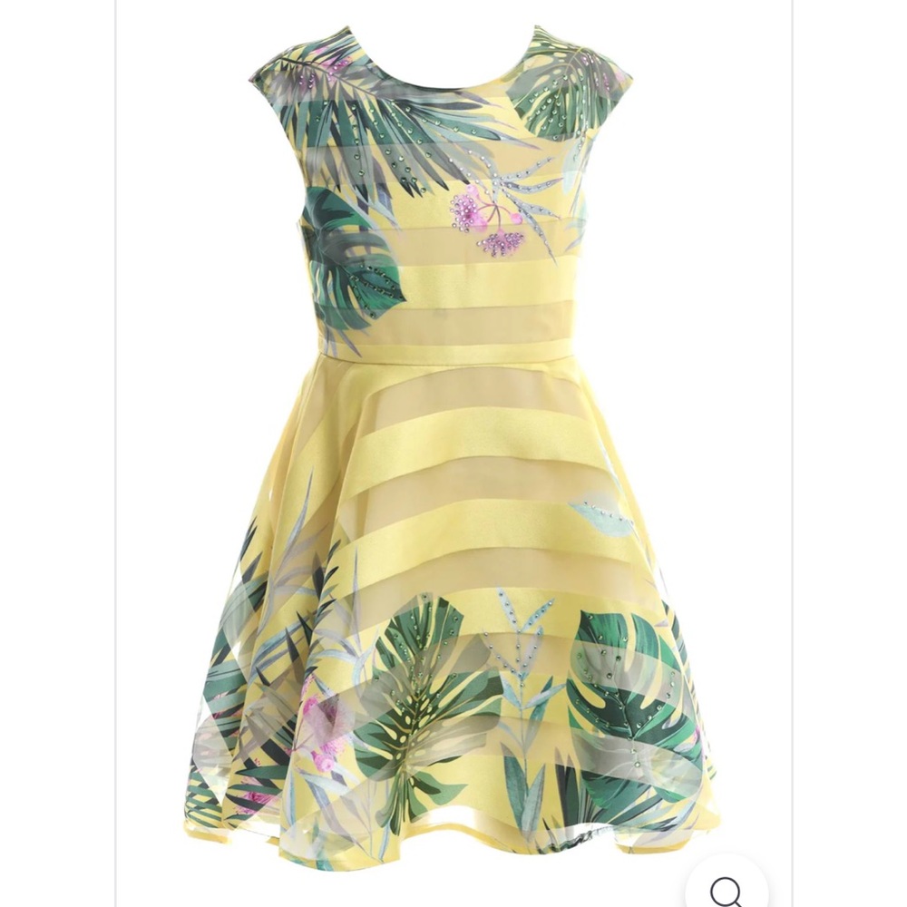 Hannah Banana Yellow Tropical Leaf Dress Size 6 Easter